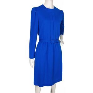 Vintage 60s Kay Windsor Blue Puff Sleeve Pleated Belted Shift Dress Size Medium